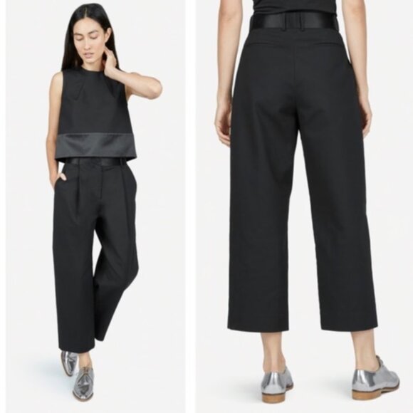 Everlane Pleated Wide Leg Crop Pant in Black Satin Waistband High Rise Women's 4
